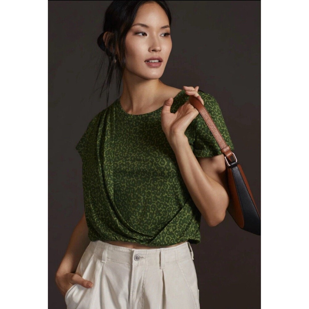 ANTHROPOLOGIE New Green Motif Draped Tee SMALL Top Floral Cotton Modal